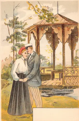 Liebesromantik Paar küsst nahe Musikpavillon Wald Vintage Postkarte C327