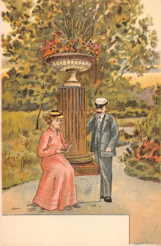 Liebesroman Paar flirtende Garten Dame liest Vintage Postkarte C327