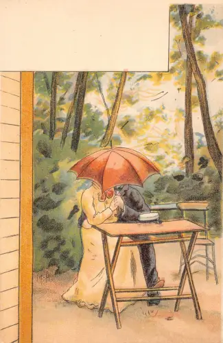 Liebesromantik Paar küsst unter Regenschirm im Garten Vintage Postkarte C327