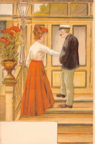 Liebesroman Paar Mann führt Dame auf Treppe Vintage Postkarte C327