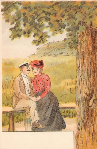 Liebesroman Paar umarmt auf Bank im Wald Kunst Vintage Postkarte C327