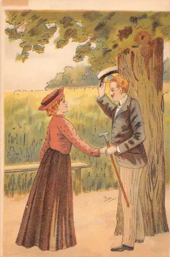 Liebesromantik Paar Treffen nahe Bank im Wald Kunst Vintage Postkarte C327