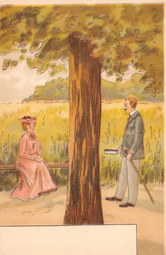 Liebesromantik Paar Treffen Dame im rosa Kleid Waldkunst Vintage Postkarte C327