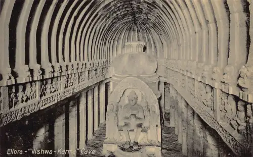 L381 Indien Ellora Vishwa Karma Höhle Innenraum Gott Skulptur Vintage Postkarte