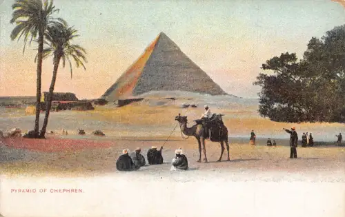 L382 Ägypten Beduinen und Kamel Pyramide von Chephren Vintage Postkarte