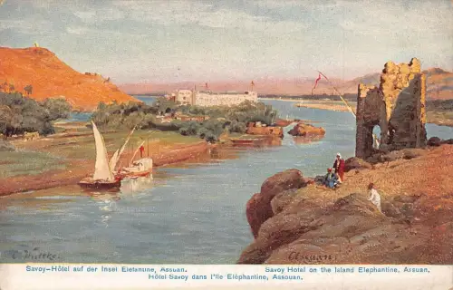L383 Ägypten Savoy Hotel auf Elephantine Island Assuan Künstlerkarte signiert Postkarte