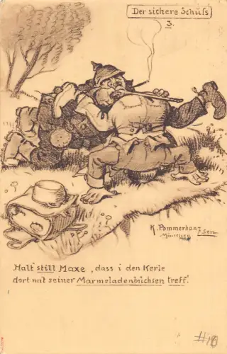 German 1916 Comic Humor Soldiers WWI Karikatur Pommerhanz signed Feld Postkarte