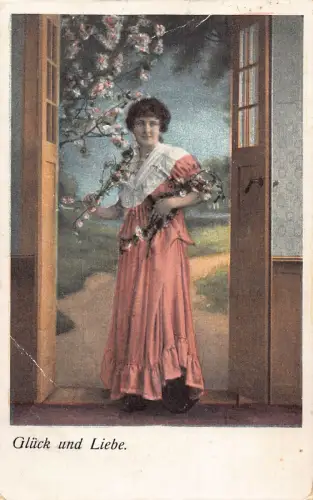 Deutschland 1926 Glück und Liebe Frau vor der Haustür Blumengirlande Vintage Postkarte