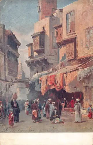 L384 Ägypten Straße in Kairo Gemälde signiert Vintage Postkarte