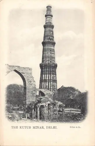 L377 Indien The Kutub Minar Delhi Tower Vintage Postkarte