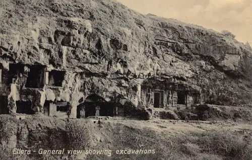 L377 Indien Ellora Gesamtansicht zeigt Ausgrabungen Höhlen Tempel Vintage Postkarte