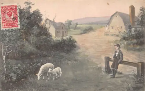 A149 Gemälde 1914 Junge beobachtet Schafe und Lammhütten Vintage Postkarte