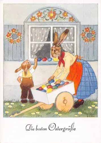 A150 Ostergrüße Eier im Wagen vermenschlichter Hase signiert Lindeberg Postkarte