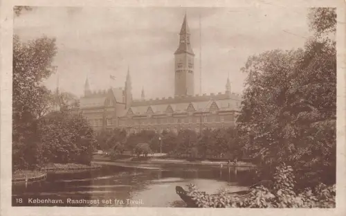 A152 Dänemark 1919 Kopenhagen Rathaus vom Tivoli Boot aus gesehen Vintage Postkarte