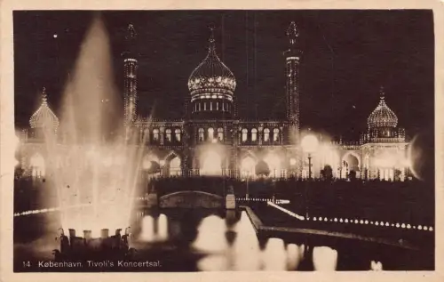 A148 Dänemark Kopenhagen Tivoli Konzertsalbrunnen beleuchtete Nacht Postkarte