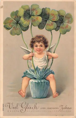 L392 Neujahrsgrüße 1909 Cherub Amor Kleeblatt Glück geprägt Postkarte