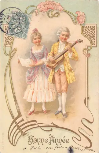L392 Neujahrsgrüße 1907 Kinder Gitarre Jugendstil Vintage Postkarte