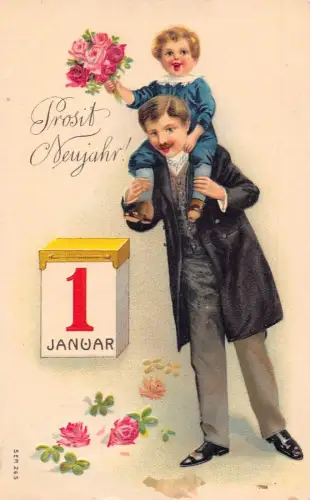 L392 Neujahrsgrüße 1908 Vater Sohn Rosen Glück geprägte Postkarte