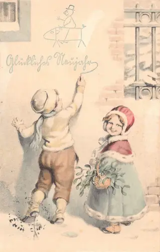 L392 Neujahrsgrüße 1913 Kinder Schwein Glück Vintage Postkarte