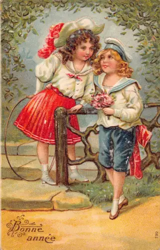 L392 Neujahrsgrüße Kinder flirten geprägte Postkarte