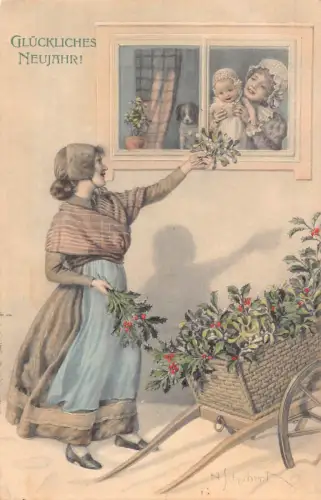 L392 Neujahrsgrüße 1910 Dame Mistelzweig Kinder Glück Vintage Postkarte