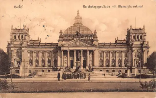 L022 Deutschland 1912 Berlin Reichstagsgebaeude Bismarck Statue Vintage Postkarte