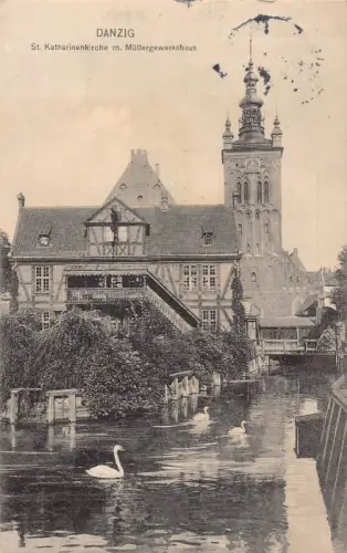 A160 Polen 1912 Danzig Danzig ST Katharinenkirchen Mühlenhaus Schwäne AK