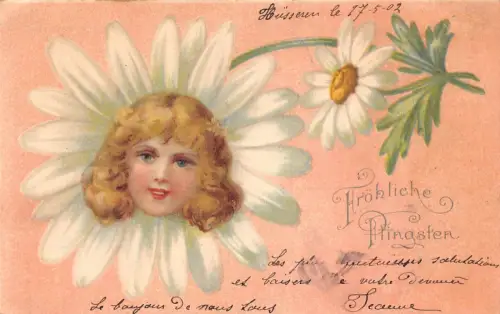 L102 Pfingstgrüße 1902 Gänseblümchen Mädchen Kopf Jugendstil Vintage AK