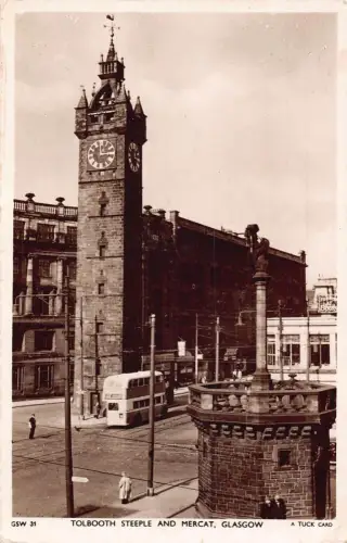 L233 Schottland Tolbooth Steeple und Mercat Glasgow Doppeldecker RPPC Postkarte