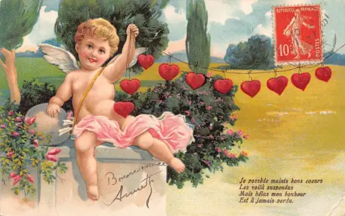 L102 Valentinstag 1908 Herzen Cherub Blumen geprägt Vintage Postkarte