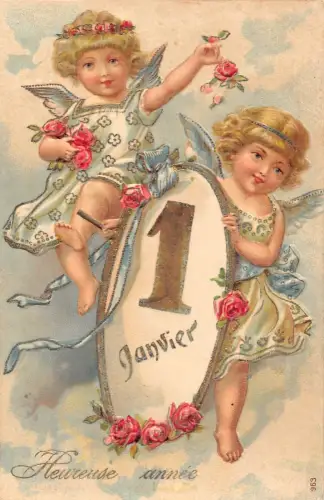 L102 Neujahrsgrüße Rosen Blumen Cherubim geprägt Vintage Postkarte