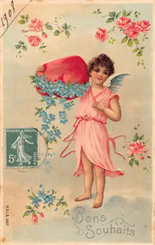 L102 Valentinstag Herz Grüße 1908 Rosen Blumen Cherub geprägt Postkarte