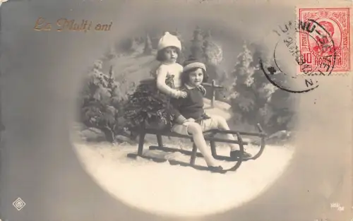 L412 Rumänien 1913 Winterlandschaft Kinderschlitten Neujahr Vintage Postkarte