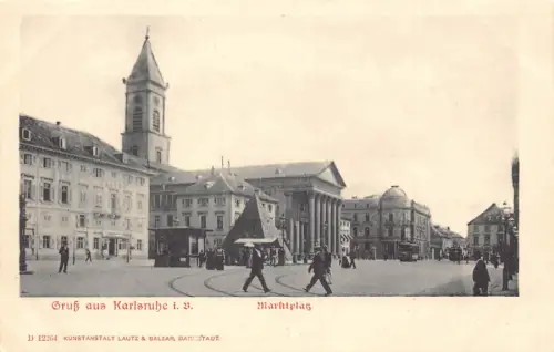 A138 Deutschland Gruss aus Karlsruhe i B Marktplatz Straßenbahn Vintage Postkarte