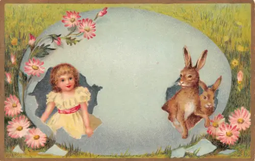 L230 Ostergrüße 1902 Mädchen Hasen Riesenei Blumen Litho Fantasy Postkarte