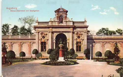 L210 Deutschland 1911 Augsburg Bismarckdenkmal Stadtgarten Garten Vintage Postkarte