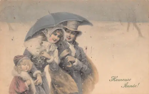 L370 Neujahrsgrüße 1906 Familie Regenschirm Schnee Vintage Postkarte