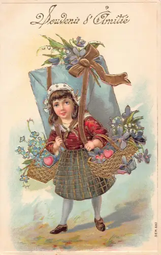 L093 Frankreich Grüße Mädchen Blumen Riesen Geschenkbox geprägt Vintage Postkarte