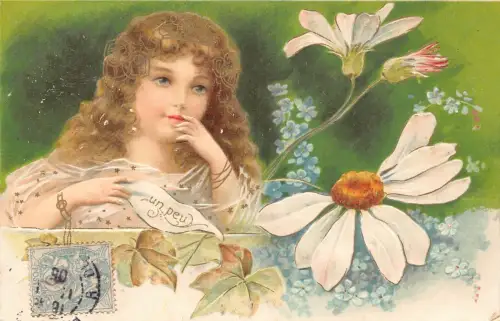 L093 Frankreich Gruß 1905 Mädchen Gänseblümchen Blumen Jugendstil Prägepostkarte