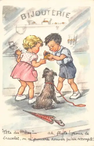 L093 Frankreich Schmuck Kinder Hund Regenschirm Comic Humor Vintage Postkarte