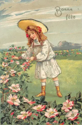 L093 Grüße 1908 Mädchen Blumen geprägt Vintage Postkarte
