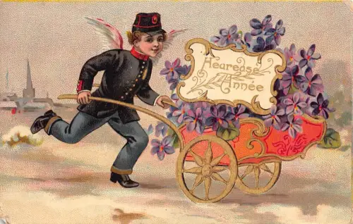 L093 Frankreich 1907 Junge Cherub Blumen Wagen Happy New Year Vintage Postkarte