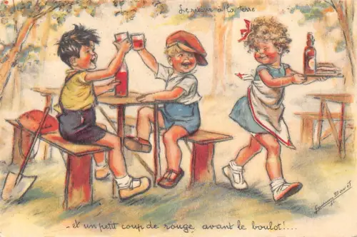 L093 Frankreich Kinder Erwachsene Haltung Humor G. Bouret signiert Vintage Postkarte