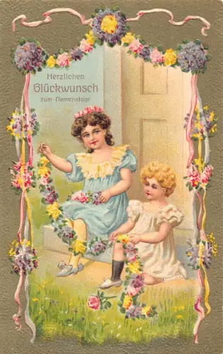 L252 Geburtstagsgrüße 1913 Mädchen Rosen Blumen geprägte Postkarte