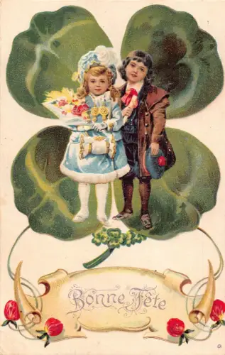 L252 Geburtstagsgrüße 1908 Kinder Kleeblatt Glück Blumen geprägt Postkarte