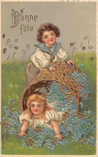 L252 Geburtstagsgrüße 1913 Kinder Vergissmeinnicht Blumen Prägepostkarte