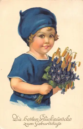 Geburtstagsgrüße 1929 kleines Mädchen gekleidet in blau Stiefmütterchen Blumenstrauß Postkarte