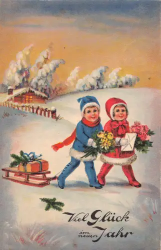 Neujahrsgrüße 1932 Kinderbrief Blumensträuße Schlitten Geschenk Postkarte