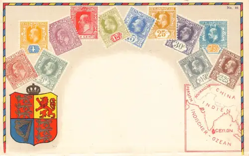 Ceylon Sri Lanka Briefmarken Karte Wappen Litho Vintage Postkarte