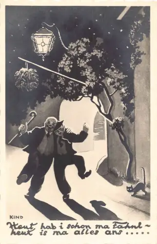 Kunst betrunkener Mann, der nachts geht schwarze Katze Lampenstange Vintage Postkarte